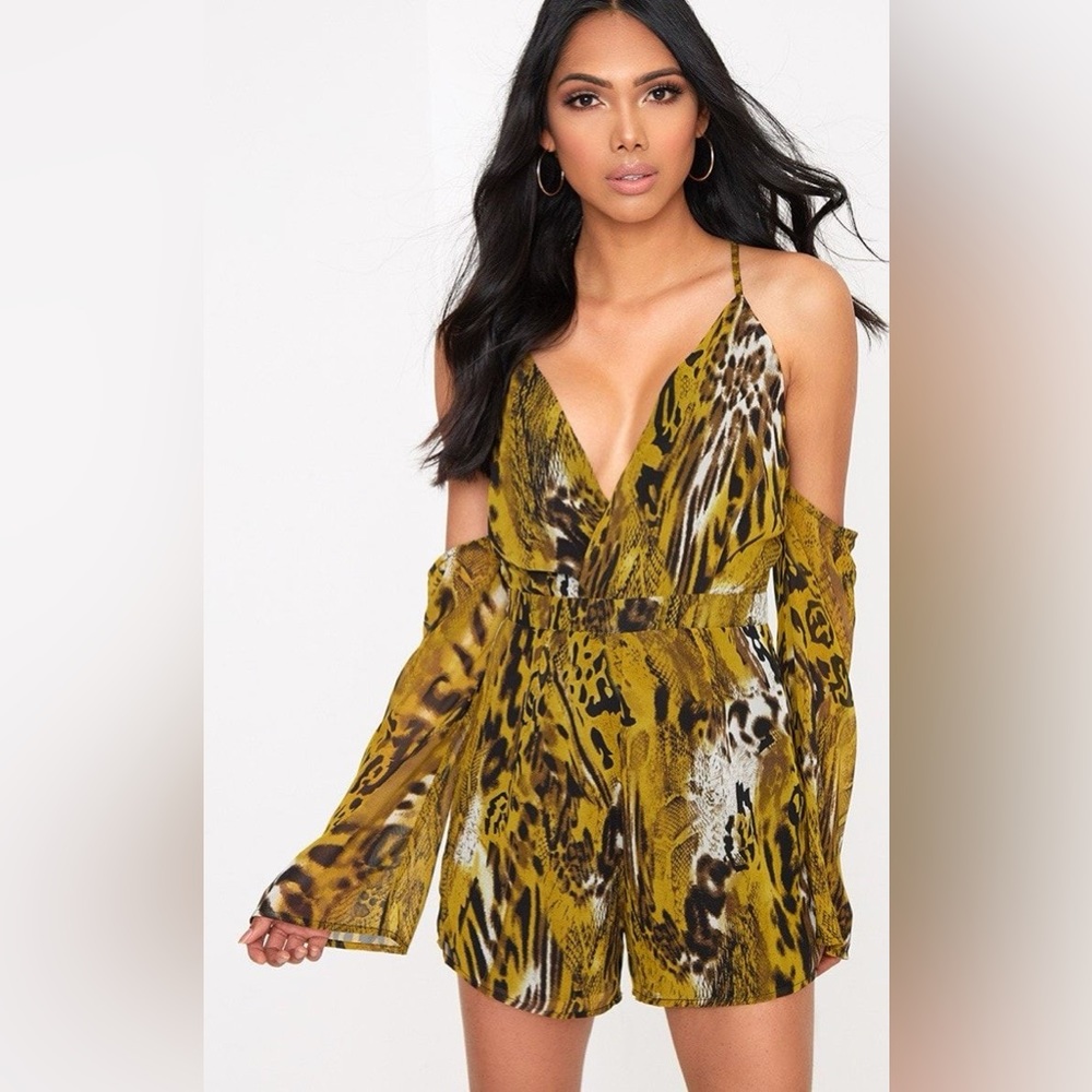 PrettyLittle Thing Leopard Print Strappy Romper - Lime / US 4 NEW